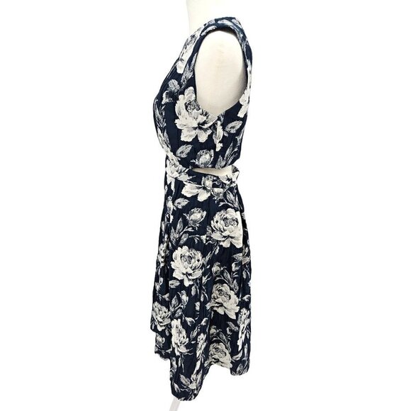 Eva Mendes Cut Out Dress Size 4 Crinkle Textured Floral Stretch Umbrella Blue - Picture 2 of 15